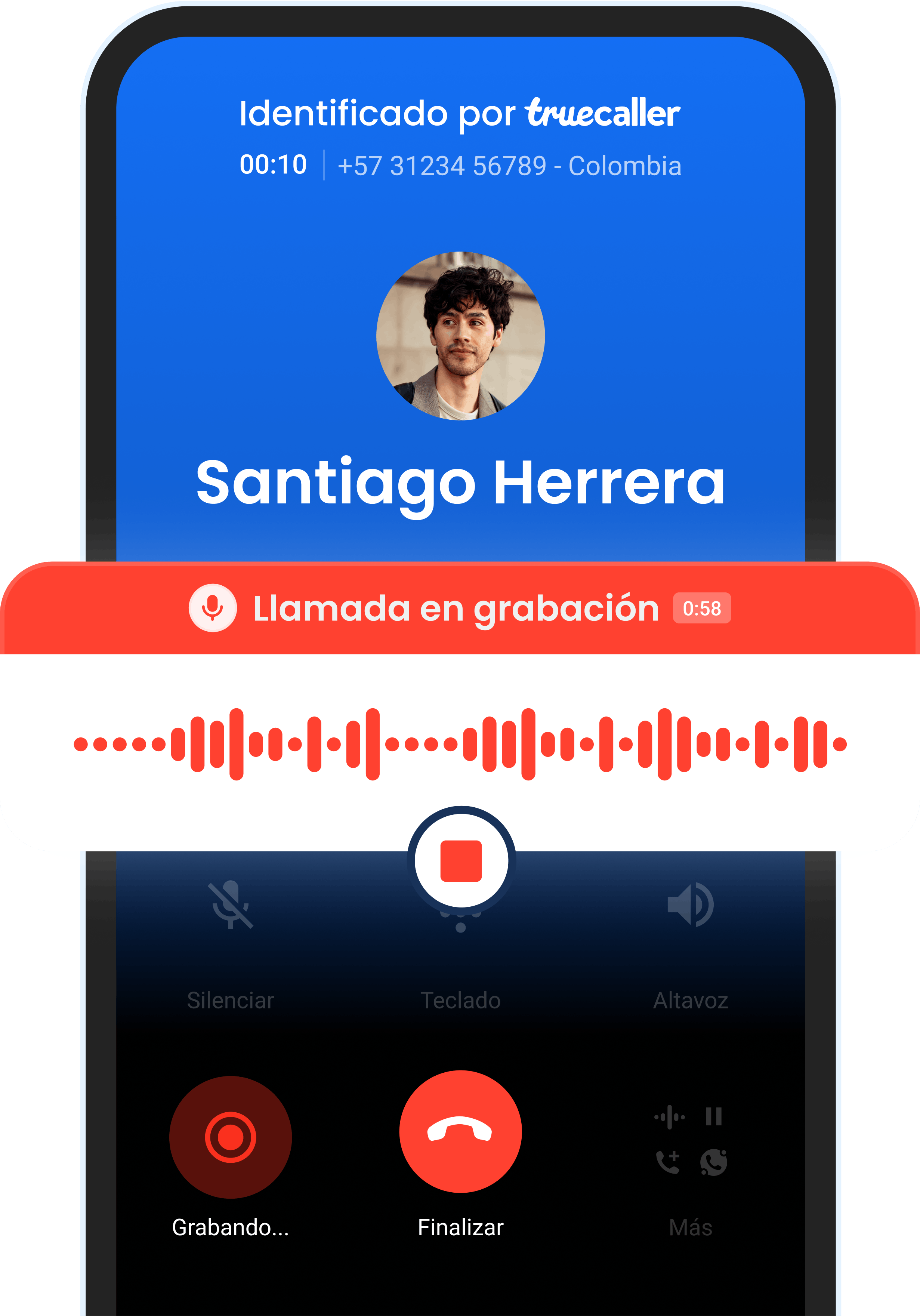 Pantalla de grabación de llamadas en la aplicación Truecaller