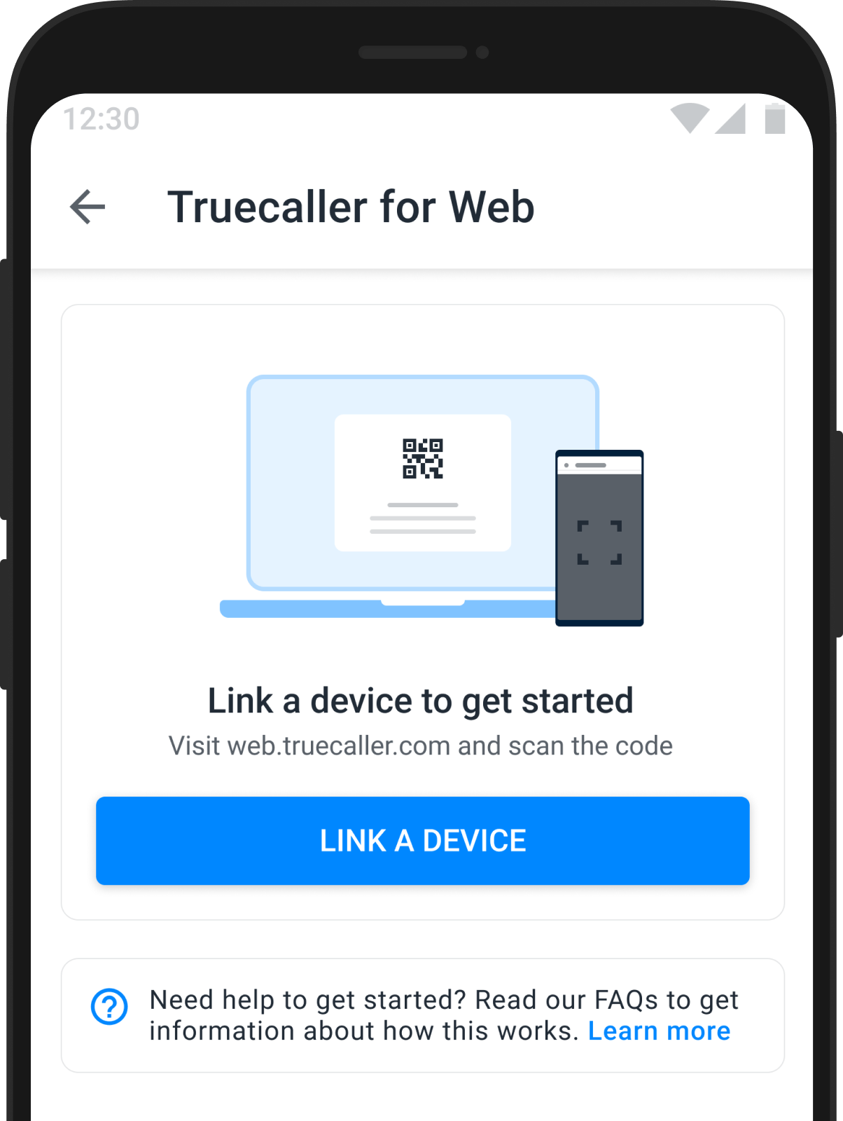 Truecaller for Web App Screen to Link Device