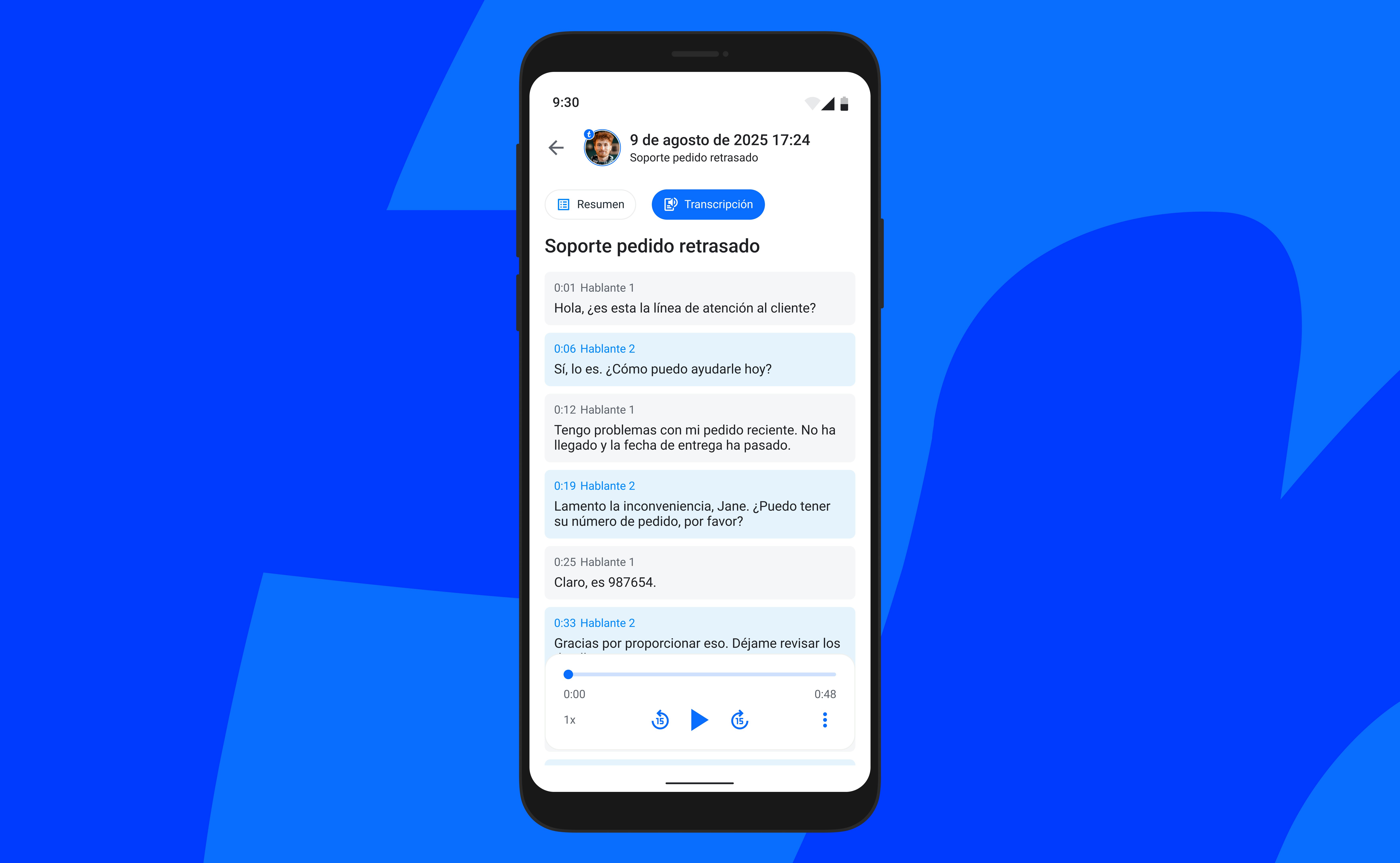 Pantalla que muestra una grabación transcrita