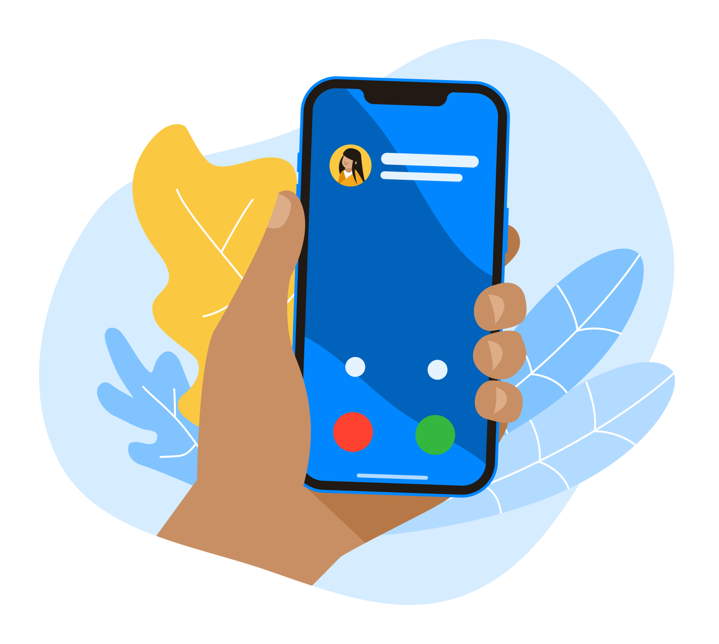 illustrazioni con una mano che tiene un telefono che mostra una chiamata in arrivo identificata da truecaller