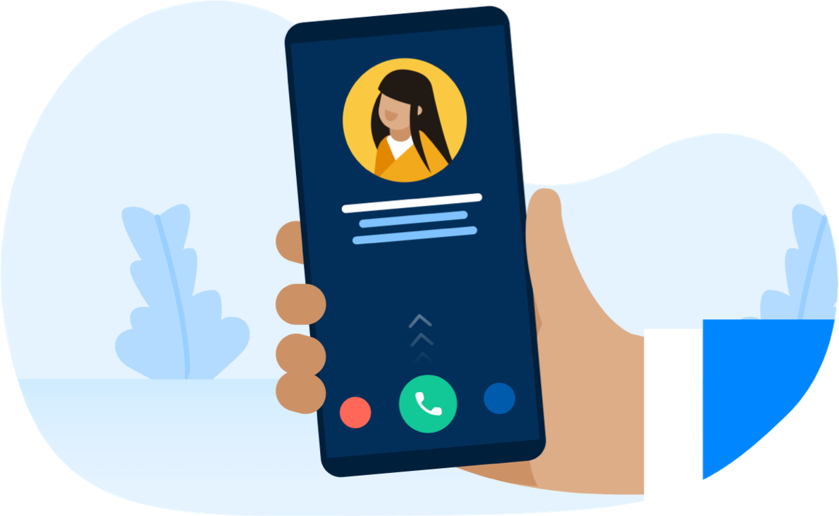 an illustration showing a hand holding a phone with an incoming call identified by truecaller